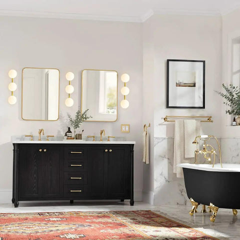 Three Light Vanity Light Fixtures In Gold Brass Finish with dimmable sconces over bath mirrors and milk glass shades