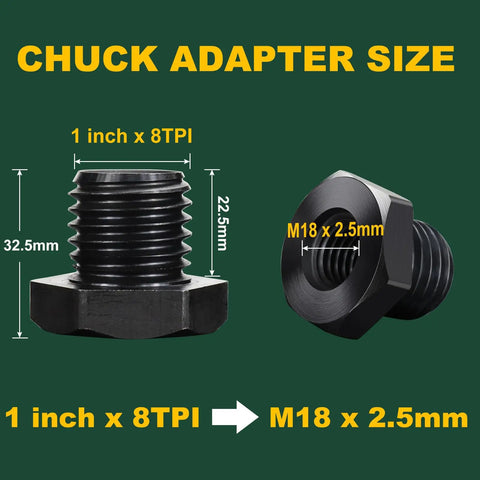 Woodworking Lathe Headstock Spindle Adapter M18x2.5mm To 1x8TPI Chuck Converter with size dimensions shown
