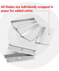 Heavy Duty Single Edge Razor Blades, 100 Pack For Industrial Scraping, Made From High Carbon Steel With A Sharp, Long Lasting Edge And HRC 58-64 Hardness For Tough As Nails Jobs, showing individually wrapped blades