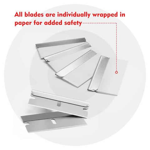 Heavy Duty Single Edge Razor Blades, 100 Pack For Industrial Scraping, Made From High Carbon Steel With A Sharp, Long Lasting Edge And HRC 58-64 Hardness For Tough As Nails Jobs, showing individually wrapped blades
