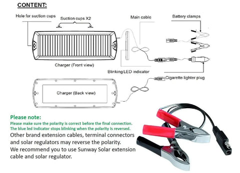 Diagram showing Solar Car Battery Trickle Charger And Maintainer For 12V Vehicles with included cables and cigarette lighter plug.