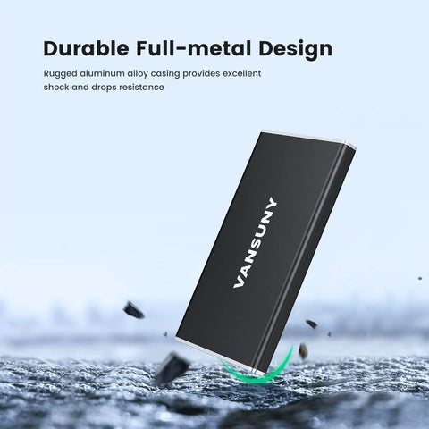 500GB Portable External SSD USB 3.1 Gen2 Drive With Metal Casing shown on rugged surface