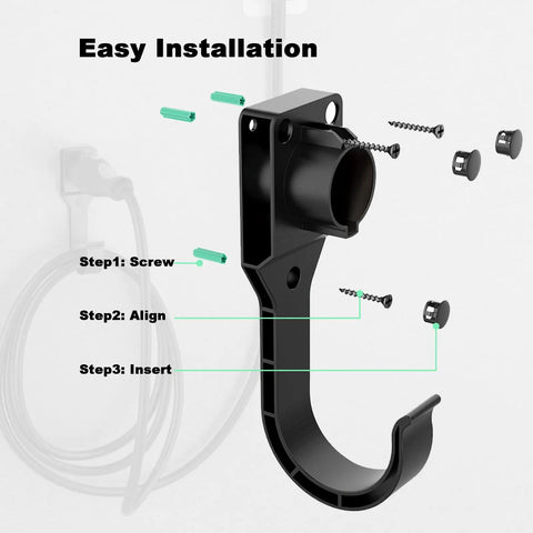 Sturdy Wall Mount EV Charger Holder For SAE J1772 Cables With Locking Hook And Snug Dust Covers, installation steps highlighted.