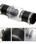 1-1/2 inch sump pump check valve with clear housing, black end fittings, and steel hose clamps