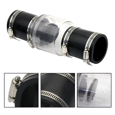 1-1/2 inch sump pump check valve with clear housing, black end fittings, and steel hose clamps