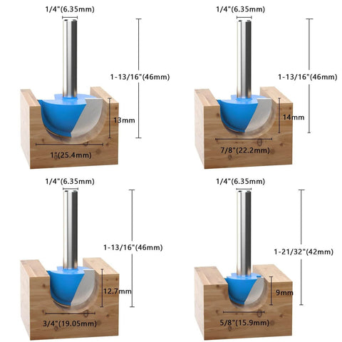 Core Box Router Bit Set For Woodworking With Solid Carbide Double Flute Round Nose, Eight Piece Kit, One Quarter Inch Shank shown