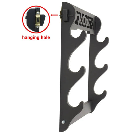 Dope Black Wall Mount Sword Display Rack with three layers and hanging hole detail for Katana, Wakizashi, Tanto.