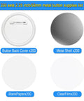 Straight Up Pro 58Mm Button Maker Kit 200 Piece Round Pin Assembly supplies list including button backs, metal shells, blank paper, and clear film.