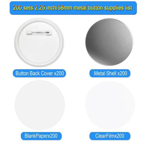 Straight Up Pro 58Mm Button Maker Kit 200 Piece Round Pin Assembly supplies list including button backs, metal shells, blank paper, and clear film.