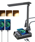 Led Desk Lamp With 15W Wireless Charger, USB And Type C Ports, 2 AC Outlets, Dimmable Eye Caring Light, Built In Alarm Clock