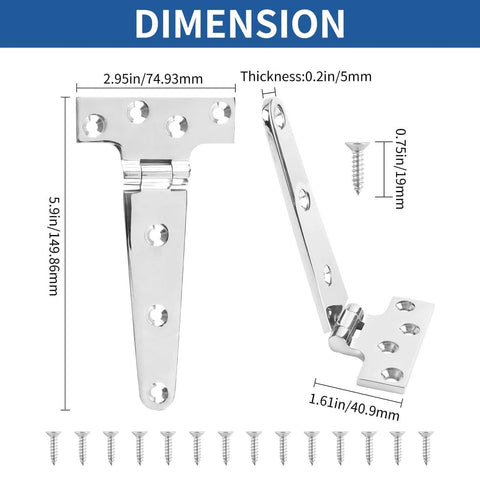 Dimensions of 316 Stainless Steel T Strap Barn Door Hinges Heavy Duty 6 Inch Outdoor Gate Set Of 4 with screws included