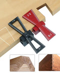 Top Shelf Dovetail Marking Jig And Mortise Layout Gauge For Hand Tool Woodworking Projects showing black and red gauges on wood.