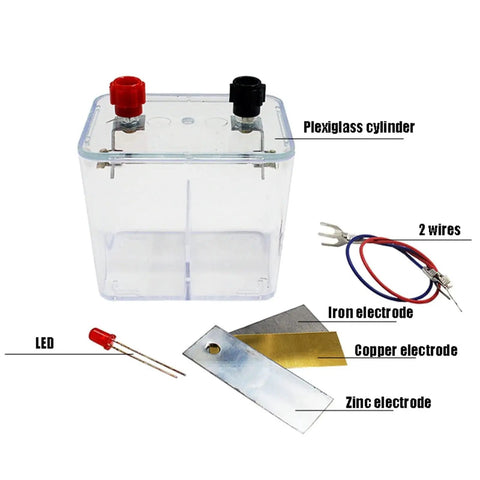 Hands On Galvanic Cell Experiment Kit For High School Chemistry Redox Demonstrations With Copper Iron And Zinc Electrodes Battery Simulation Device For Visualizing How Chemical Energy Converts To Electricity, includes plexiglass cylinder, electrodes, wires, LED.
