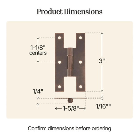 Antique Copper Finish H Style Cabinet Door Hinges Three By One And Five Eighths Inches Flush Mount dimensions illustration