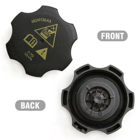 Front and back view of Radiator Coolant Reservoir Cap Replacement 68442532AA Fits Chrysler 200 2015-2017, Pacifica 2017-2021.