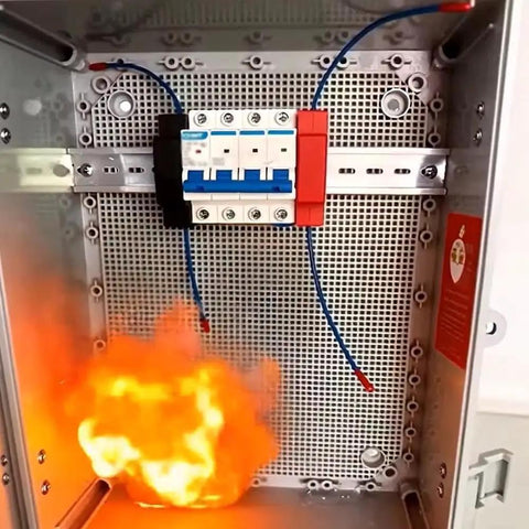 Dead Simple Automatic Fire Extinguisher With Dual Nozzles And Heat Aerosol Suppression Kicks In At 170 Degrees C Din Rail Mounts Snugly Inside Electrical Cabinets EV Charging Stations 20 Gram Pack with fire inside electrical cabinet.