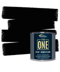 All In One Paint And Primer Black Matte For Indoor And Outdoor Use One Coat Formula DIY Friendly Water Based Low VOC shown with brush strokes