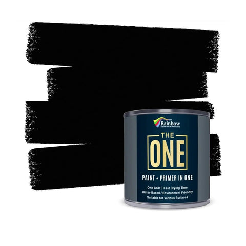 All In One Paint And Primer Black Matte For Indoor And Outdoor Use One Coat Formula DIY Friendly Water Based Low VOC shown with brush strokes