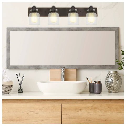 Vintage Farmhouse Bathroom Vanity Light Fixture In Oil Rubbed Bronze Reversible 4 Light Design That Mounts Up Or Down For Warm Rustic Bath Glow And Classic Retro Modern Vibe above a sink