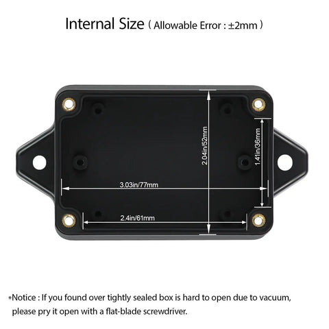 IP65 Waterproof Junction Box Enclosure For Outdoor And Indoor Use, Built Tough ABS Plastic Dustproof Universal Electrical Project Box With Fixed Ear Mounting, Black 3.26 x 2.28 x 1.29 Inches, Pack Of 2, internal size diagram