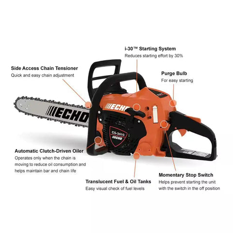 Beast 16 Inch Gas Chainsaw With 34.4cc 2 Stroke Engine Rear Handle Auto Oiler And Easy Start System with detailed labels