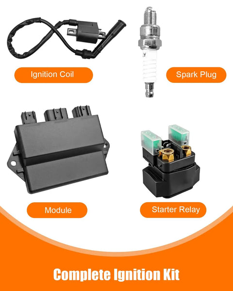CDI Box Module Kit For YFM660 Raptor 660R 2002 2003 And Grizzly 660 Rhino 660 Quad Models 2002 To 2008 Replacement Part 5LP 85540 20 00 Durable Ignition CDI Unit With Plug And Play showing ignition coil, spark plug, module, and starter relay