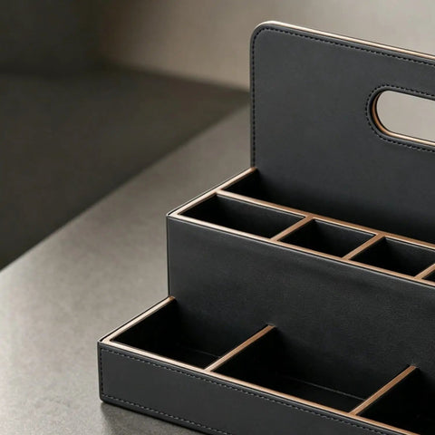 Close-up of a black leather Eight Compartment Desk Organizer And Mail Holder That Keeps Your Desk Clean And No Fuss on a desk.