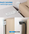 Ultra Slim Flat Plug Extension Cord With Six Foot Cable Three Grounded Outlets For Home Office And Travel 13A 1625W ETL Listed Durable Build And Easy Tight Fit Behind Furniture shown installed behind furniture for space saving