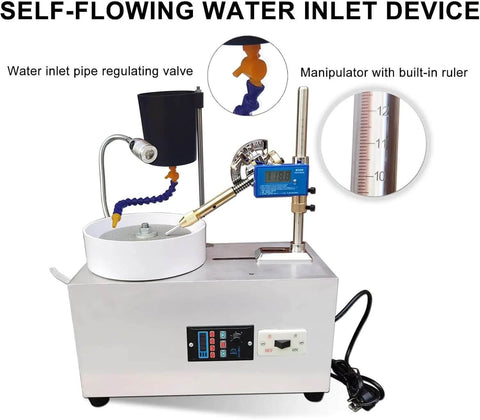 Self-Flowing Water Inlet Device for Top Shelf Gem Faceting Machine featuring Dead Quiet 180W Motor for precision jewelry making.