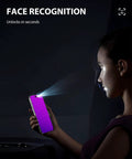 iPhone 17 Pro Max Privacy Screen Protector 6.9 Inch Purple Gradient Anti Spy Glass Shield in use, showing face recognition at night.