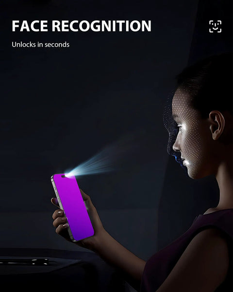 iPhone 17 Pro Max Privacy Screen Protector 6.9 Inch Purple Gradient Anti Spy Glass Shield in use, showing face recognition at night.
