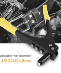 Manual Lightweight Riveter Kit Go To With Four Interchangeable Heads 2.4mm 3.2mm 4.0mm 4.8mm Heavy Duty Hand Riveting Tool With Spring Handle And Long Nozzle For Tight Spaces Like Gutters And Inner Wall Cavities, black and yellow