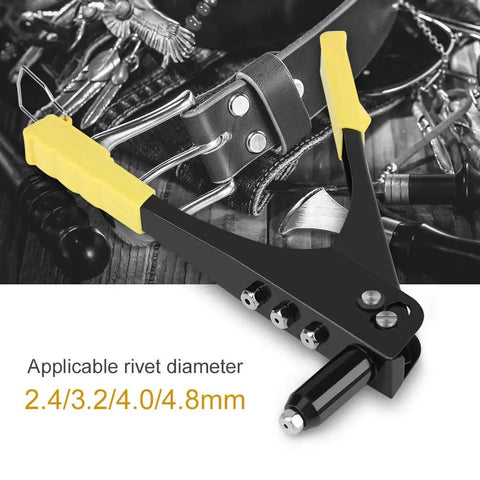 Manual Lightweight Riveter Kit Go To With Four Interchangeable Heads 2.4mm 3.2mm 4.0mm 4.8mm Heavy Duty Hand Riveting Tool With Spring Handle And Long Nozzle For Tight Spaces Like Gutters And Inner Wall Cavities, black and yellow