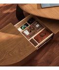 Top Tier Ash Wood Standing Desk With Smooth Height Adjustments And Spacious Corner Layout Made For Grinding Sessions Or Daily Office Grind Straight Up Ergonomic Setup Featuring Integrated Monitor Riser And Hidden Cabinet Storage drawer open with organized accessories