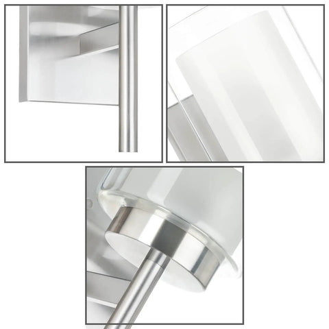 Close-up details of Bold Black 3 Light Vanity Wall Light With Dual Glass Shade Hardwired Indoor Fixture For Bathroom Bedroom Or Kitchen Classic Modern Style Easy Mount Durable Matte Black Finish, showing polished metal details and glass shade.