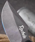 Close-up of blade tip on Mini Survival Knife With Sheath, Back Clip Whistle, And Multi Tool Build, EDC Ready for camping