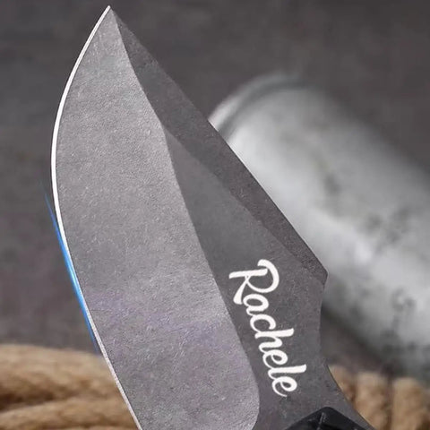 Close-up of blade tip on Mini Survival Knife With Sheath, Back Clip Whistle, And Multi Tool Build, EDC Ready for camping