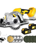 5 Inch Cordless Circular Saw Featuring 21V Battery Powered Precision Controls And 0 To 45 Degree Angles For No Sweat Cutting On Woodwork And Hardcore Framing In Durable Yellow Finish with accessories.