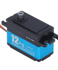 Heavy Duty Digital Servo Motor With 12kg Torque And 90 Degree Sweep Featuring All Steel Gears, shown from the side.