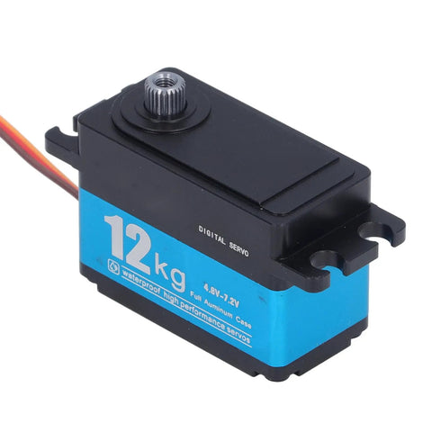 Heavy Duty Digital Servo Motor With 12kg Torque And 90 Degree Sweep Featuring All Steel Gears, shown from the side.