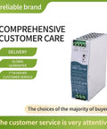 Industrial Grade DIN Rail Power Supply 120W 48V 2 5A Heavy Duty Switching Adapter side view with specifications and customer care info.