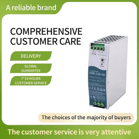 Industrial Grade DIN Rail Power Supply 120W 48V 2 5A Heavy Duty Switching Adapter side view with specifications and customer care info.