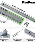Heavy Duty 20 Inch Drawer Slides Built Tough With Ultra Smooth Soft Close Rails And 150 Lb Load Capacity Full Extension showing dimensions and nickel coating.