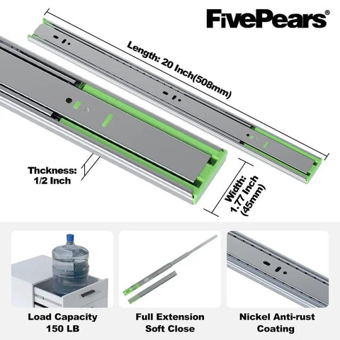 Heavy Duty 20 Inch Drawer Slides Built Tough With Ultra Smooth Soft Close Rails And 150 Lb Load Capacity Full Extension showing dimensions and nickel coating.