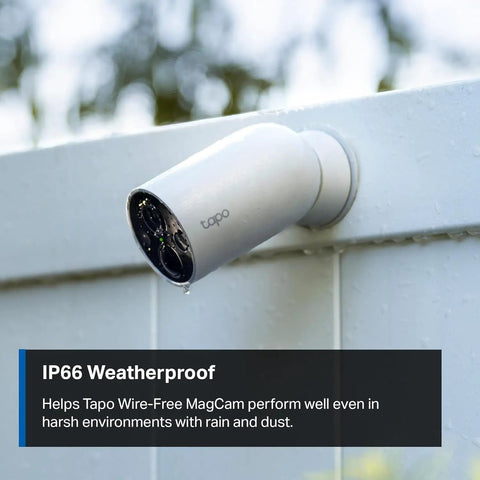 MagCam 2K Plus Outdoor Security Camera With Wire Free Battery Power Magnetic Mount IP66 Weatherproof attached to wall.