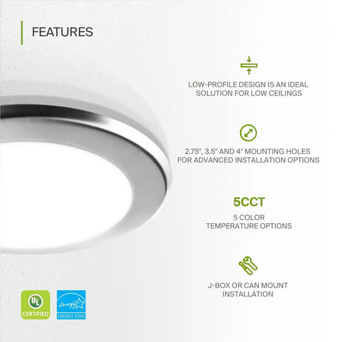 Side view of Six Inch LED Disk Lights With 15W Five CCT From 2700K To 5000K Dimmable Flush Mount Low Profile Surface Mount Ceiling Fixture
