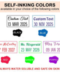 Custom Self Inking Date Stamp Personalized With Your Sign Off For Office And Business Gear Adjustable Date Wheel Stamps Through Twenty Thirty Five showing various colors and font styles.