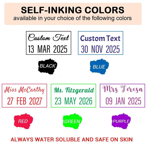 Custom Self Inking Date Stamp Personalized With Your Sign Off For Office And Business Gear Adjustable Date Wheel Stamps Through Twenty Thirty Five showing various colors and font styles.