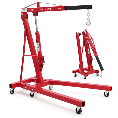 Heavy Duty Folding Hydraulic Engine Hoist Two Ton Portable Garage Cherry Picker with casters and boom arm.