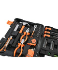 Go Anywhere 109 Piece Socket And Wrench Set Auto Repair Combo Kit Portable Garage Tools with orange handles and sockets.
